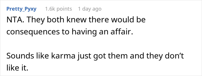 Reddit comment discussing consequences of a cheating husband and reactions to his mistress’s infertility and ex-wife’s indifference. Reddit comment discussing consequences of a cheating husband and reactions to his mistress’s infertility and ex-wife’s indifference.