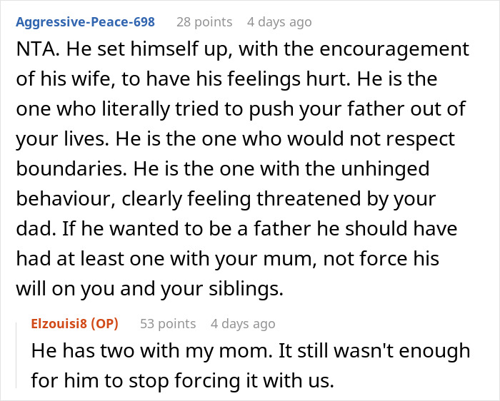 Reddit thread showing users discussing stepdad trying to displace kids&rsquo; bio dad and failing to gain their acceptance.