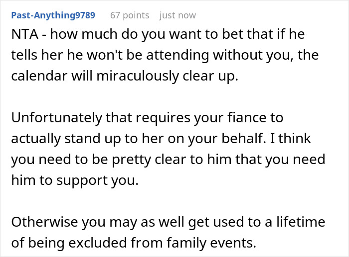 Text comment discussing future MIL scheduling family events during working days and the need for fianc&eacute; support.