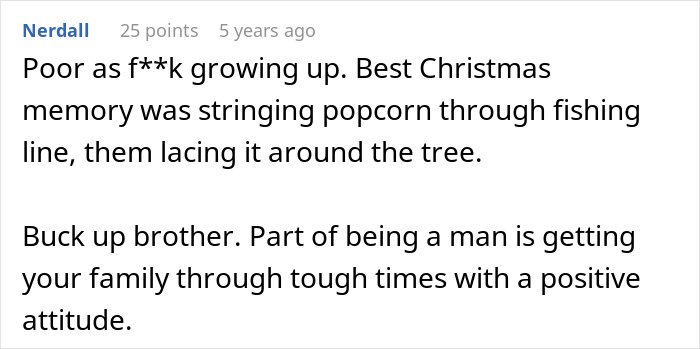 Comment discussing father wanting to cancel Christmas due to financial struggles and focusing on positive family attitude.