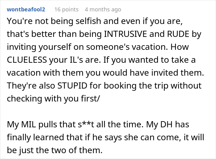 Text conversation discussing MIL coming on vacation uninvited and the couple handling the situation with the mother-in-law.