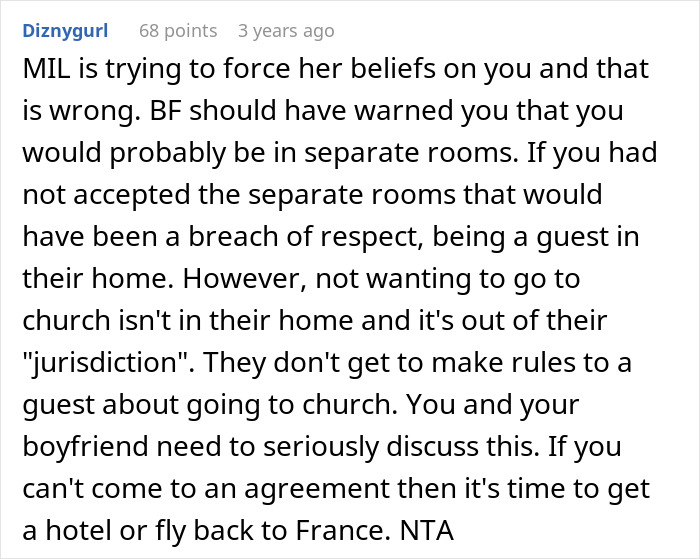 Reddit comment discussing MIL making son's girlfriend sleep in a different room over church and prayer beliefs conflict.