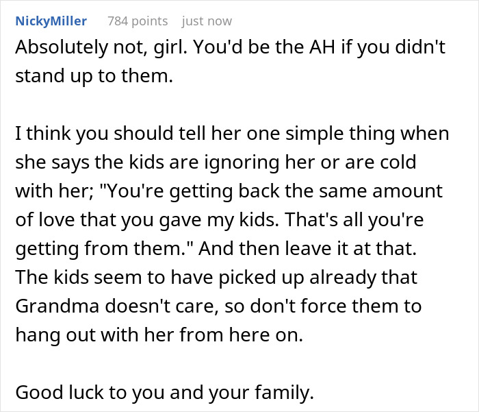 Commenter advises standing up to MIL admitting favoritism towards one grandchild, treating others like burdens, causing family tension.