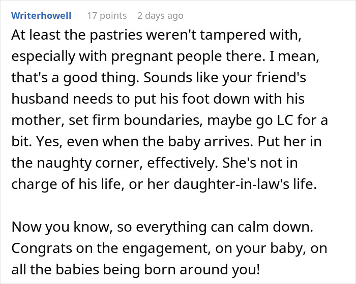 Comment discussing family tensions over boundaries, engagement, and a new baby amid accusations of stealing spotlight.