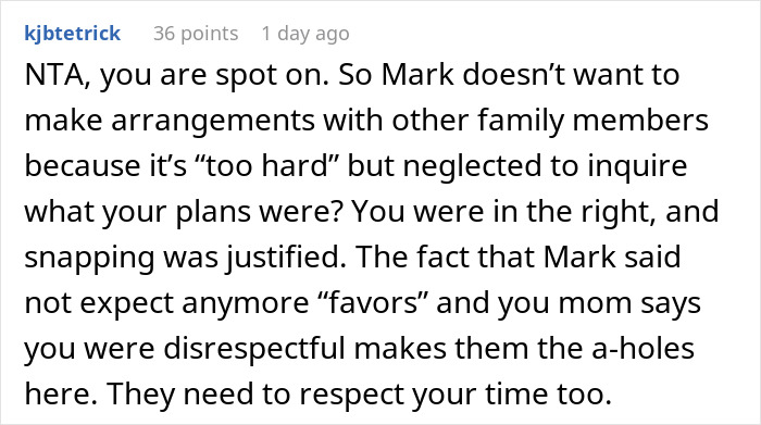 Screenshot of a Reddit comment discussing expectations around babysitting and family responsibilities in a relationship conflict.