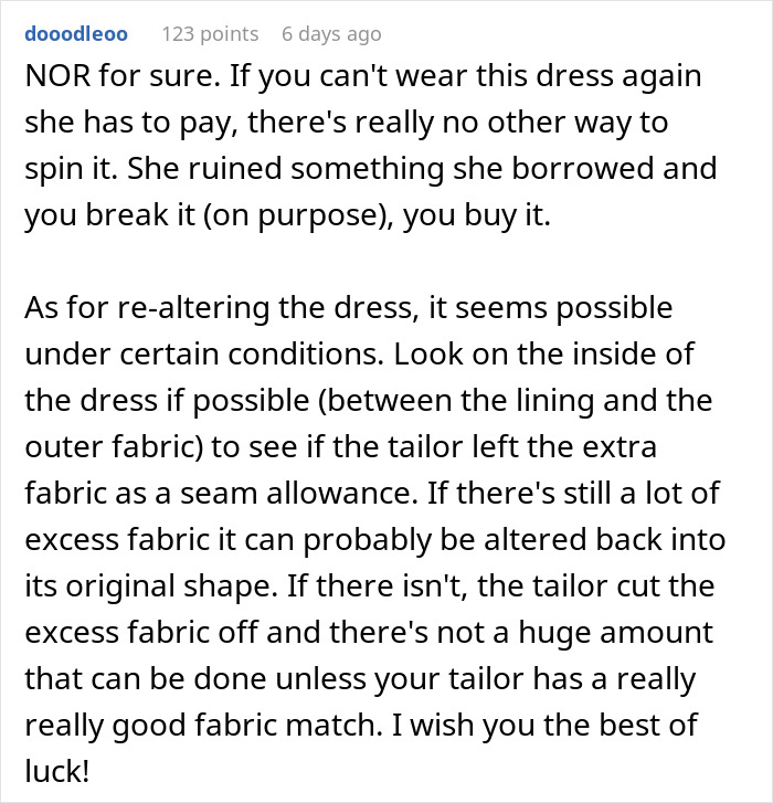Comment discussing dress alteration and payment dispute involving a borrowed dress altered without permission.