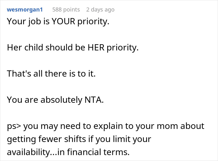 Text comment about woman refusing to take niece to school, highlighting family conflict and personal priorities in a discussion.