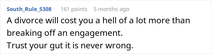 Text post about divorce costs compared to breaking off engagement, mentioning trust and gut feelings. Text post about divorce costs compared to breaking off engagement, mentioning trust and gut feelings.