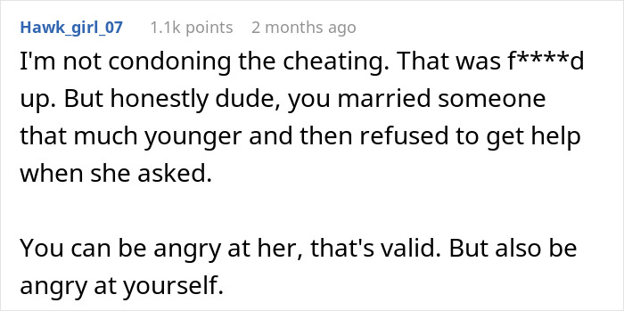 Comment discussing a husband refusing intimacy for years with a younger wife who sought help and found someone else.