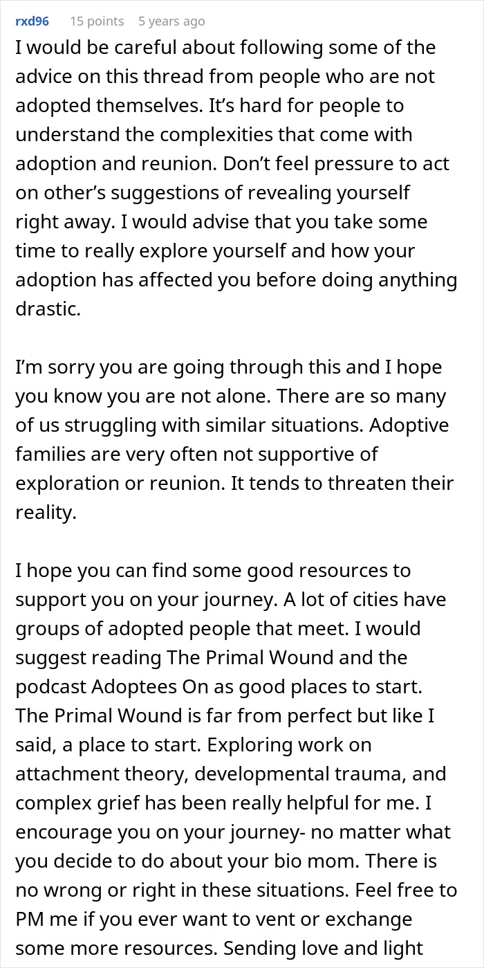 Comment discussing the complexities of adoption reunion and challenges with adoptive parents when seeking bio family contact.