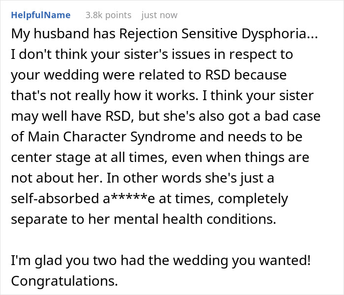 Social media post discussing rejection sensitive dysphoria in family conflict over big wedding plans.