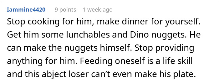 Comment about guy leaving domestic chores to wife and expecting dinner, emphasizing she's done playing his mommy role.