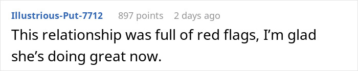 Screenshot of an online comment discussing a relationship with red flags and expressing relief about her well-being.