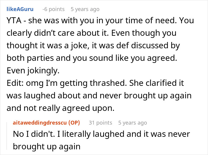 Screenshot of online discussion about sister not believing woman remade her wedding dress instead of giving it to her. Screenshot of online discussion about sister not believing woman remade her wedding dress instead of giving it to her.