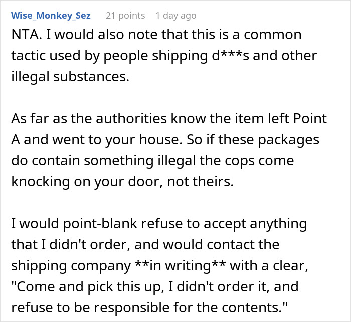 Screenshot of a forum comment discussing companies sending packages to wrong addresses and customer responsibility for returns.