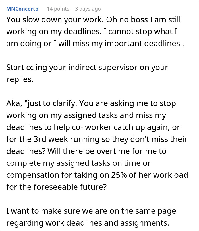 Alt text: Woman explains work deadlines and workload conflict after coworker eats what she shouldn&rsquo;t causing problems at office.
