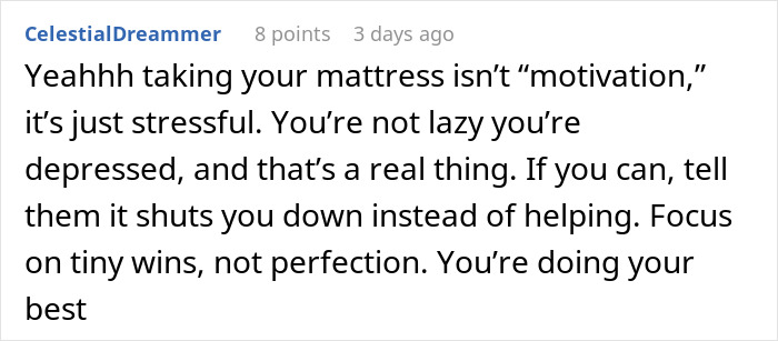 Screenshot of a social media comment discussing parents removing daughter’s mattress to address depression. Screenshot of a social media comment discussing parents removing daughter’s mattress to address depression.