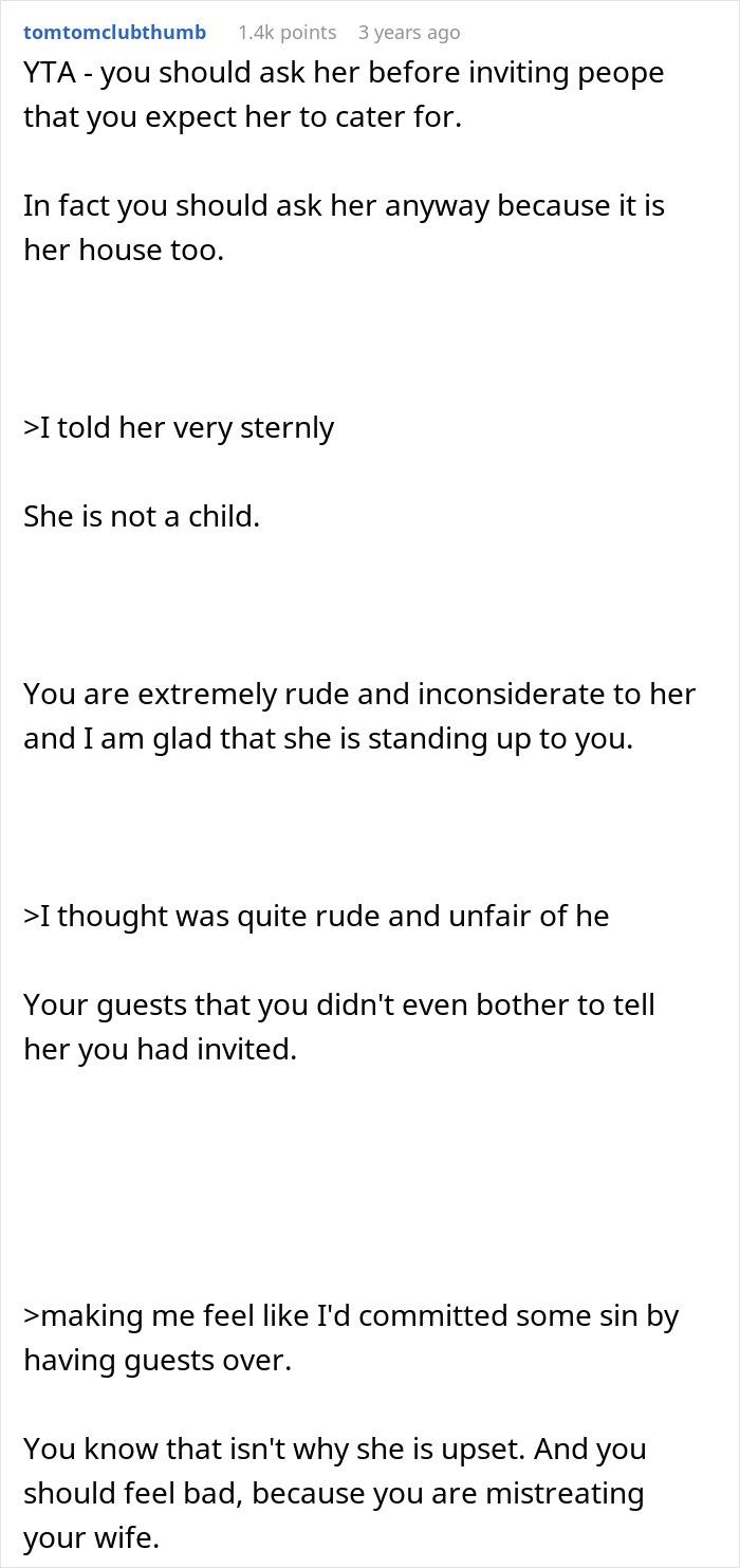Screenshot of internet comment giving a reality check to a man expecting his wife to cook for guests he invites.