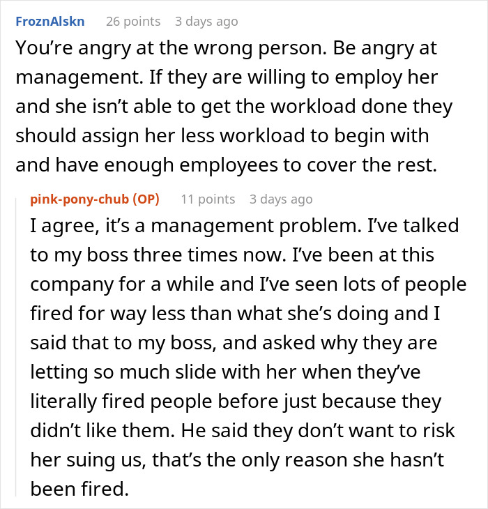 Alt text: Online discussion about a woman eating what she shouldn&rsquo;t and coworker facing consequences at work.