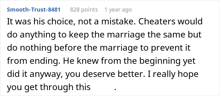 Screenshot of a Reddit comment discussing a man cheating while wife is pregnant and postpartum, affecting the relationship.