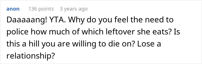 Screenshot of a Reddit comment debating a man snapping at his girlfriend after she eats all of the leftovers.