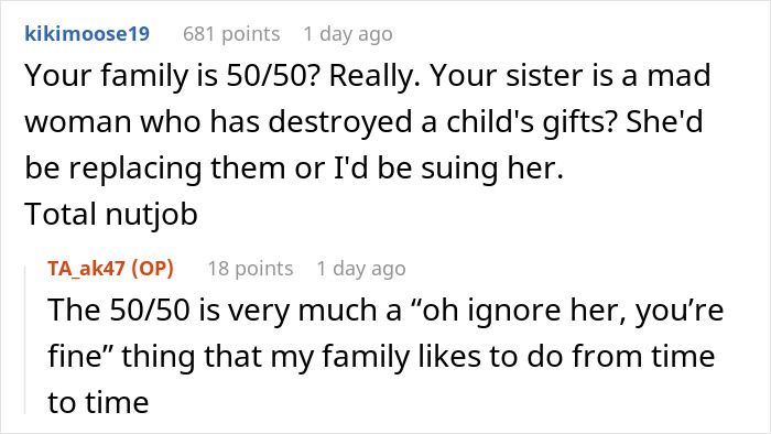 Screenshot of an online discussion about a woman destroying a child's Christmas presents over charity efforts dispute.