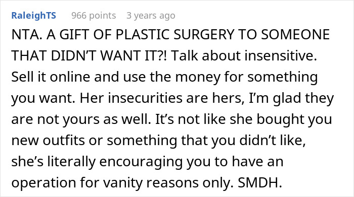 Screenshot of a Reddit comment criticizing a plastic surgery gift card given to a sister who refused it, discussing insecurities.