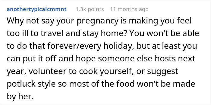 Screenshot of a forum comment suggesting a pregnant woman avoid hazardous MIL cooking by staying home or hosting a potluck.
