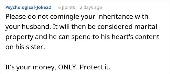 Screenshot of an online comment about family finances, highlighting inheritance and protecting personal money.