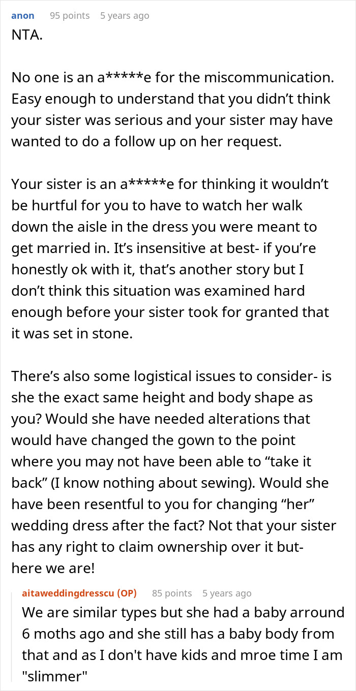 Text conversation discussing sister’s wedding dress remake and related feelings about ownership and alterations. Text conversation discussing sister’s wedding dress remake and related feelings about ownership and alterations.