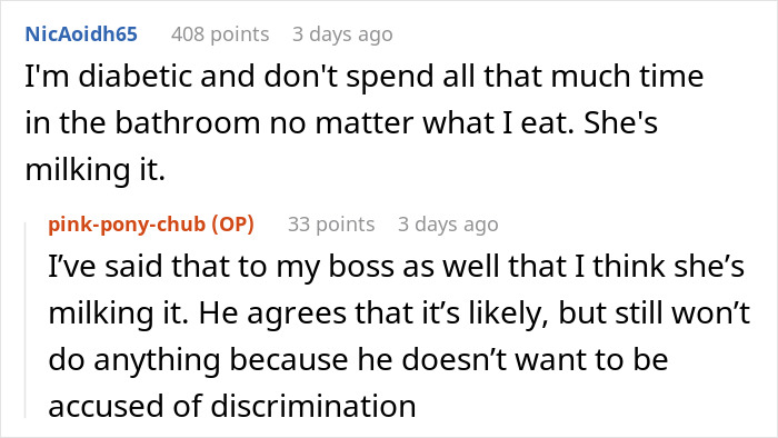 Alt text: Online comments about a woman eating what she shouldn&rsquo;t and a coworker dealing with the consequences.