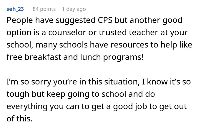 Comment advising to seek school counselor or trusted teacher for help with food programs after mom stops providing meals.
