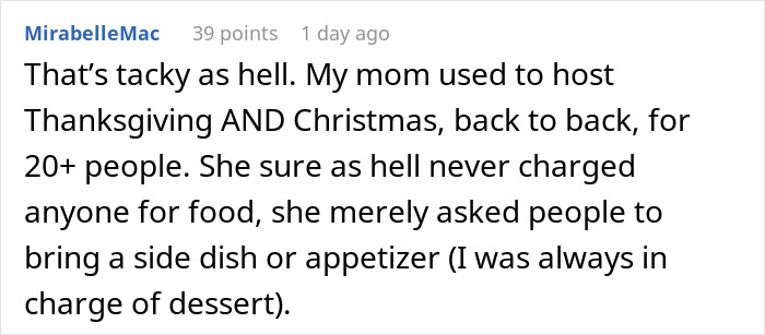 Online comment about refusing to bring expensive food to Thanksgiving, sharing personal family hosting experience.
