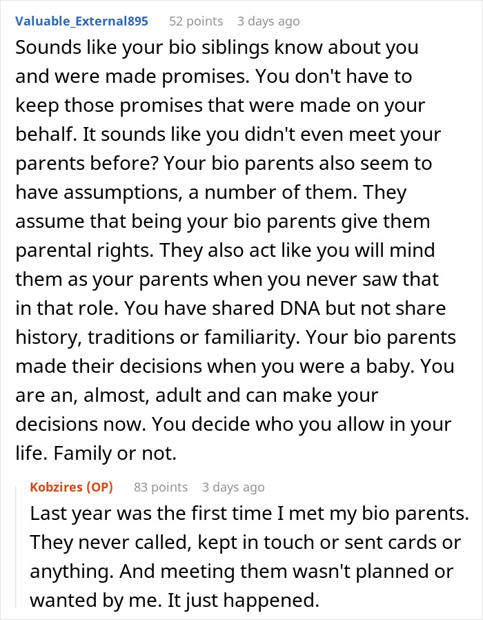 Comment discussing parents wanting their abandoned son to reconnect and play happy family with siblings after 17 years.