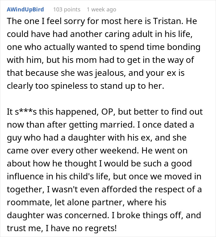 Text post discussing a man upset his girlfriend dumped him after his ex blew up on her for bonding with their son.