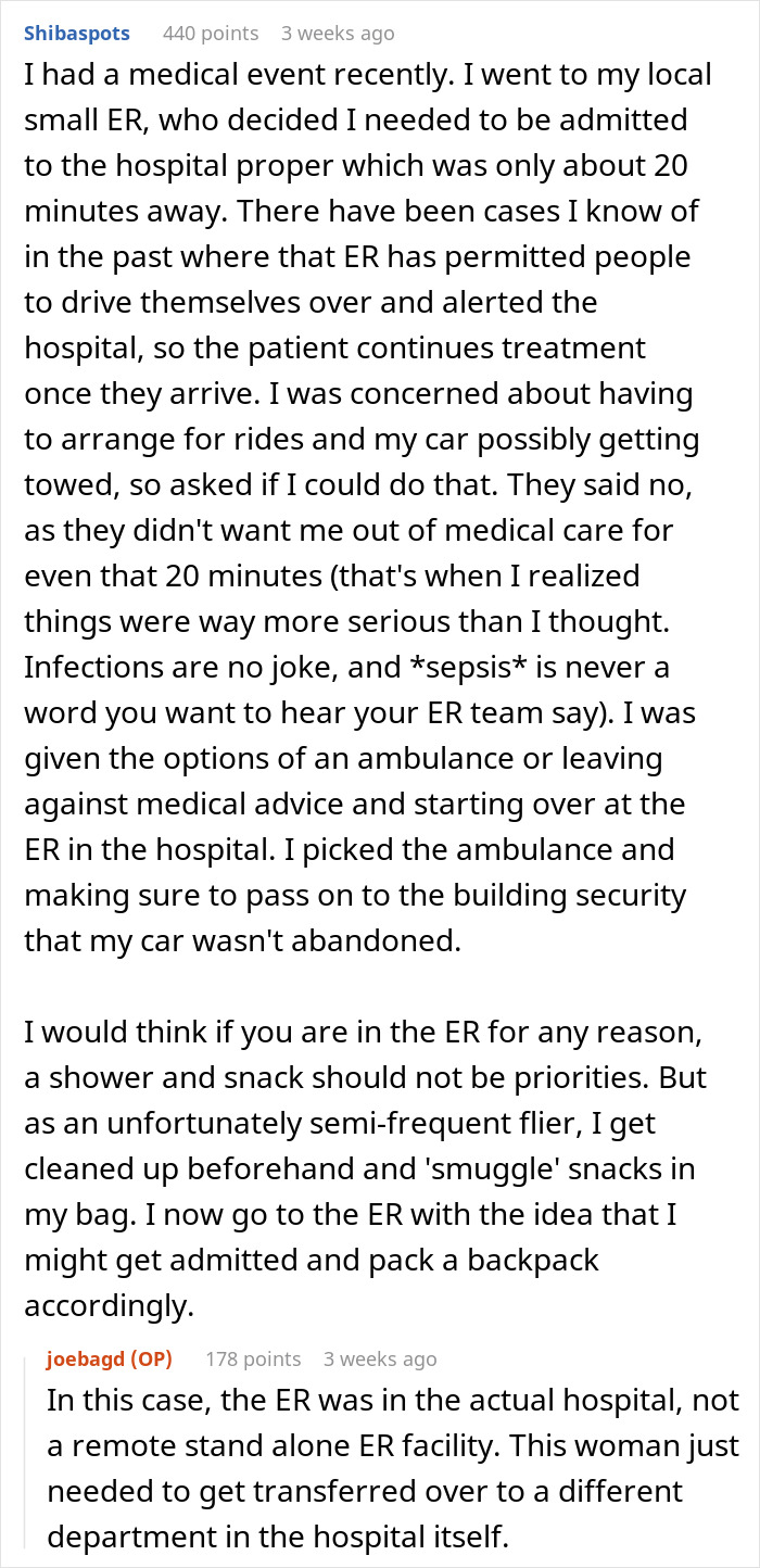 Text conversation about a hospital ER visit detailing patient concerns and transfer to another department within the hospital.