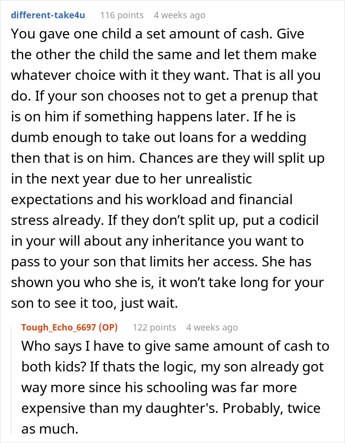 Screenshot of a Reddit discussion about future daughter-in-law demanding an $80,000 wedding and wealthy in-laws requesting a prenup.