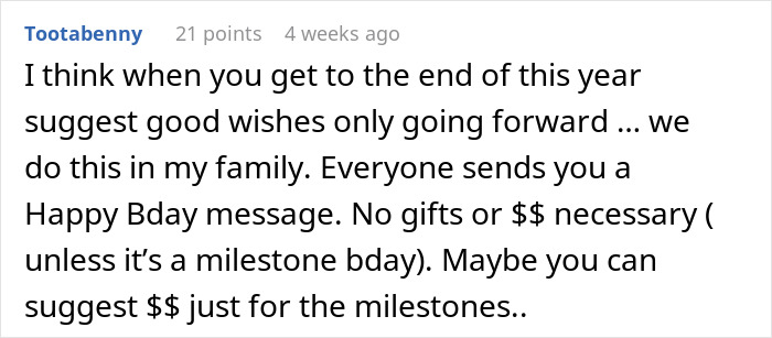 Comment suggesting family birthday money chat to send wishes only, with gifts or money for milestone birthdays.
