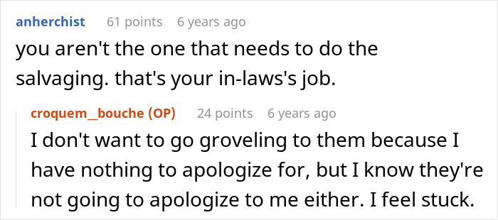 Screenshot of an online discussion about in-laws making fun of a woman for Thanksgiving dinner and holiday conflict. Screenshot of an online discussion about in-laws making fun of a woman for Thanksgiving dinner and holiday conflict.