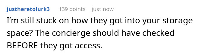 Screenshot of a Reddit comment discussing unexpected access to a storage space, related to aunt crib storage baby concerns.