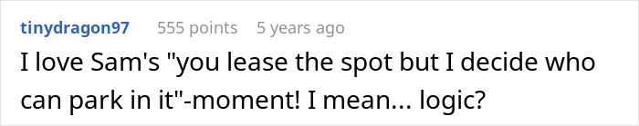 Screenshot of an online comment discussing a humorous moment about leasing spots and parking logic related to a baker delivering bagels.