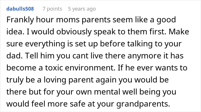 Comment discussing teen leaving home after dad chooses his girlfriend, highlighting toxic family environment and adoption concerns.