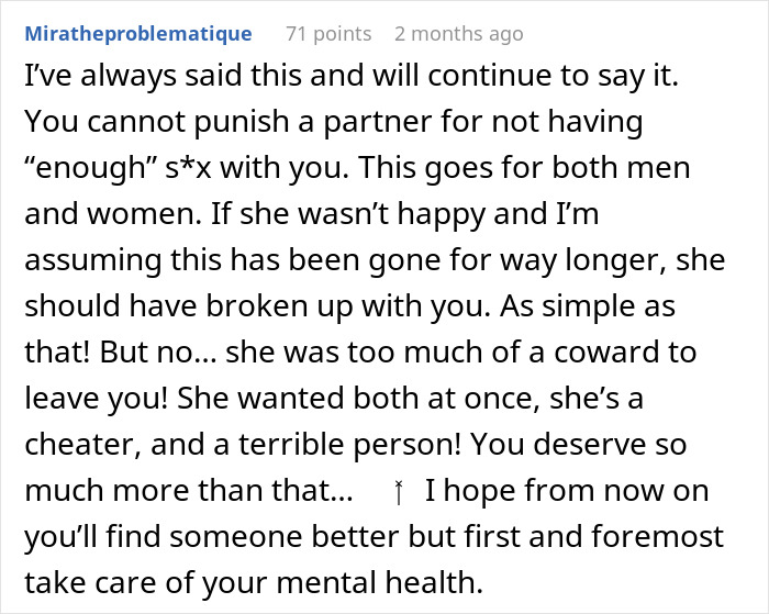 Comment discussing refusal of intimacy and its impact on relationships, emphasizing mental health and moving on.