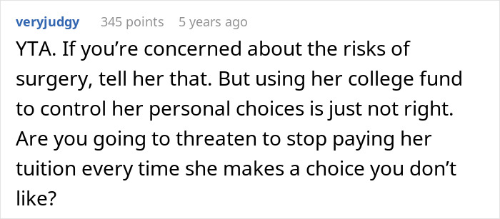 Screenshot of a Reddit comment discussing concerns over using college funds for a BBL surgery and parental decisions on tuition.