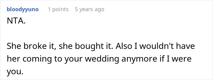 Screenshot of a comment discussing a bride&rsquo;s fancy bridal gown and advice about buying a cheaper one.