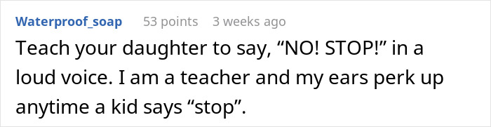 Text comment about teaching a daughter to say no and stop loudly, related to bullying and child discipline issues.