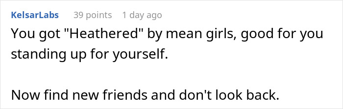Comment from KelsarLabs encouraging standing up for oneself after a dress-code betrayal at Friendsgiving event. Comment from KelsarLabs encouraging standing up for oneself after a dress-code betrayal at Friendsgiving event.