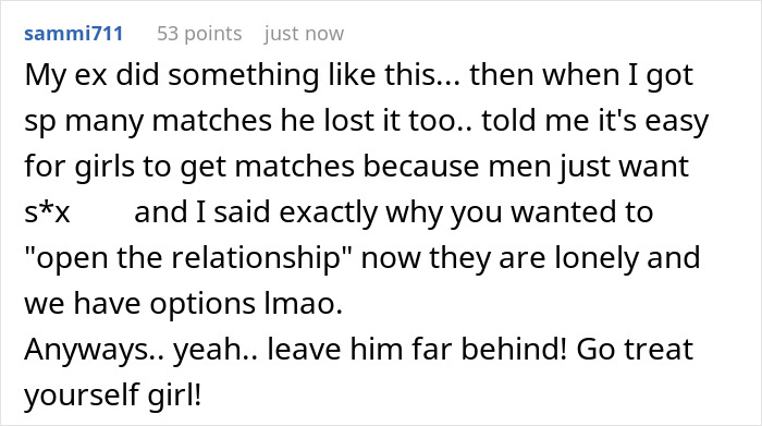 Comment discussing a boyfriend who opens relationship but gets no dates, reflecting on loneliness and options gained. Comment discussing a boyfriend who opens relationship but gets no dates, reflecting on loneliness and options gained.