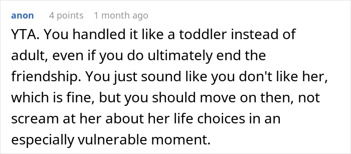 Screenshot of an online comment discussing an irresponsible friend making bad decisions and a bestie&rsquo;s reaction to pregnancy news.