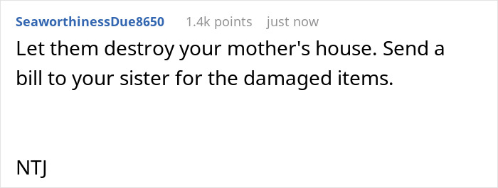 Text post about mother&rsquo;s house damage suggesting to bill sister for damaged items, related to sister gentle parenting house.